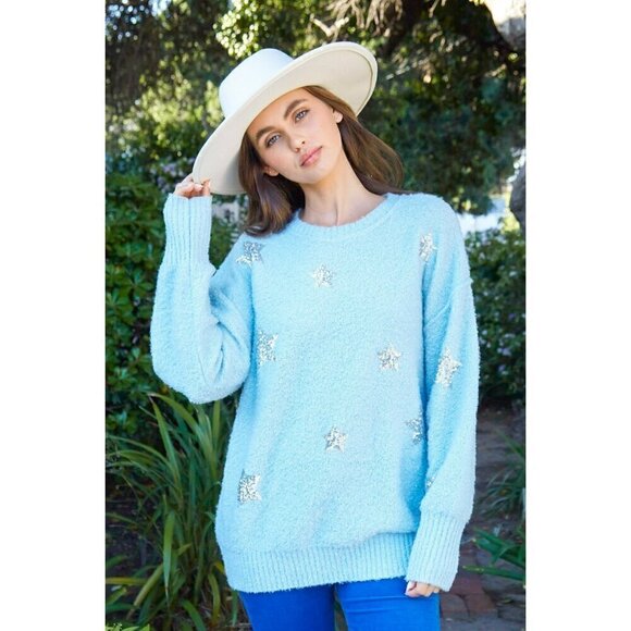 Peach Love California Sweaters - Kimber Sequin Starry Sweater in Blue